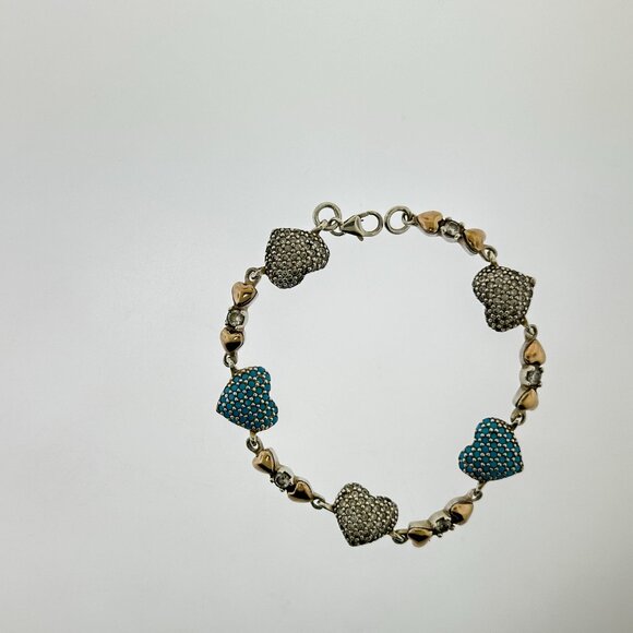 Vintage 925 Sterling Silver Crystal & Turquoise Pavé Clustered Heart Bracelet an - Picture 3 of 12